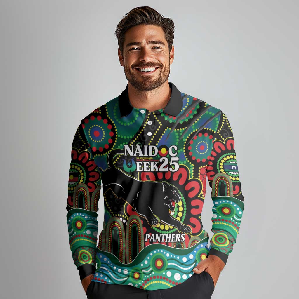 Custom NAIDOC Week 2025 Panthers Long Sleeve Polo Shirt Go Mountain Men Indigenous Art