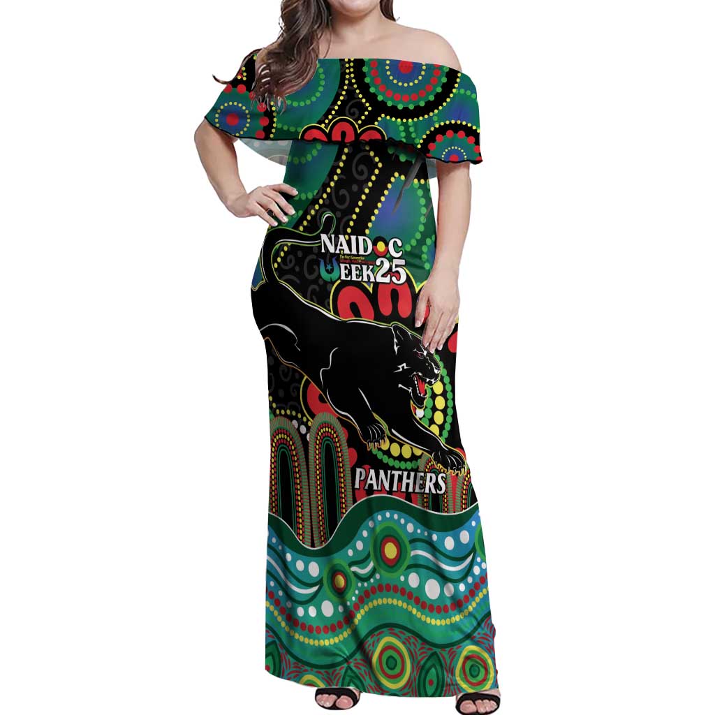 Custom NAIDOC Week 2025 Panthers Off Shoulder Maxi Dress Go Mountain Men Indigenous Art