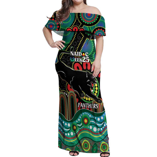 Custom NAIDOC Week 2025 Panthers Off Shoulder Maxi Dress Go Mountain Men Indigenous Art