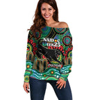 Custom NAIDOC Week 2025 Panthers Off Shoulder Sweater Go Mountain Men Indigenous Art