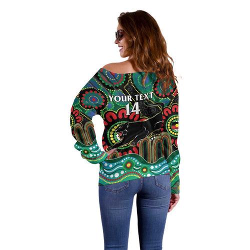 Custom NAIDOC Week 2025 Panthers Off Shoulder Sweater Go Mountain Men Indigenous Art