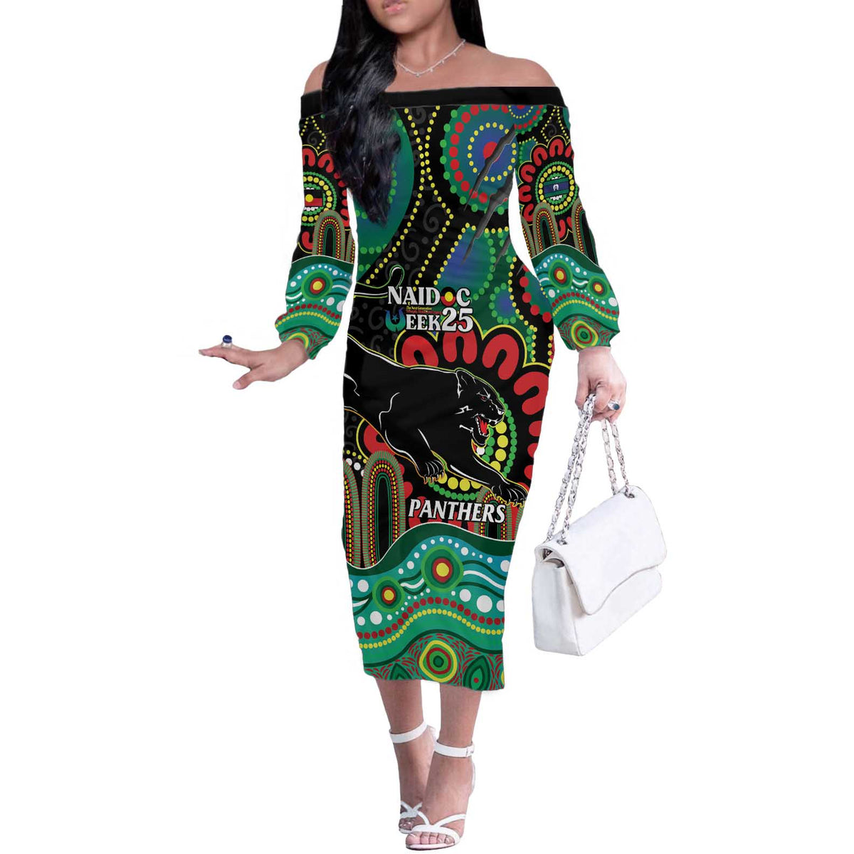 Custom NAIDOC Week 2025 Panthers Off The Shoulder Long Sleeve Dress Go Mountain Men Indigenous Art