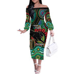 Custom NAIDOC Week 2025 Panthers Off The Shoulder Long Sleeve Dress Go Mountain Men Indigenous Art
