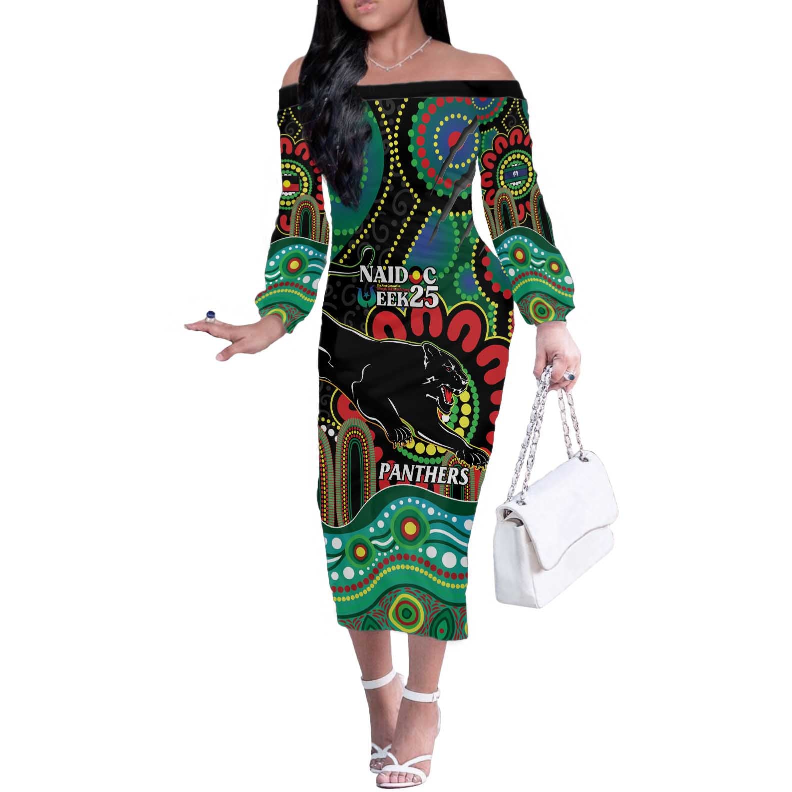 Custom NAIDOC Week 2025 Panthers Off The Shoulder Long Sleeve Dress Go Mountain Men Indigenous Art