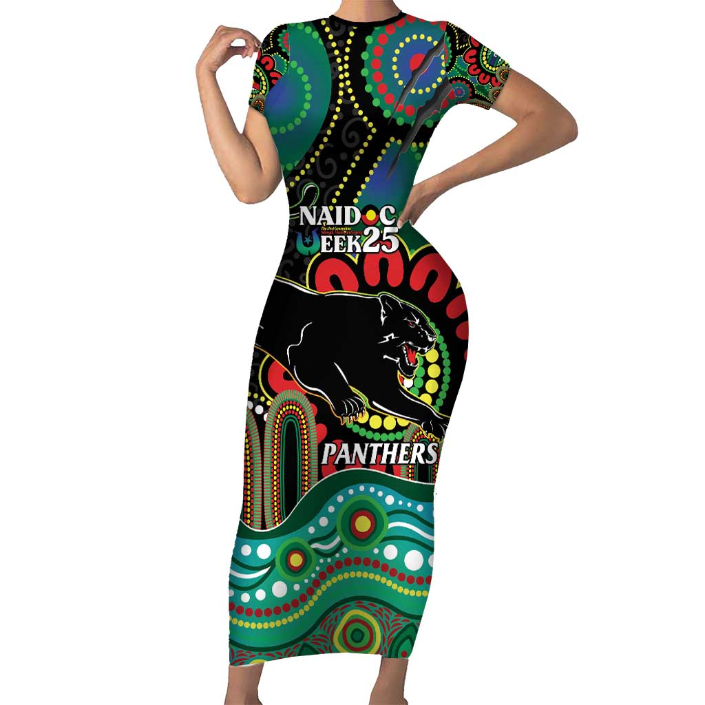 Custom NAIDOC Week 2025 Panthers Short Sleeve Bodycon Dress Go Mountain Men Indigenous Art