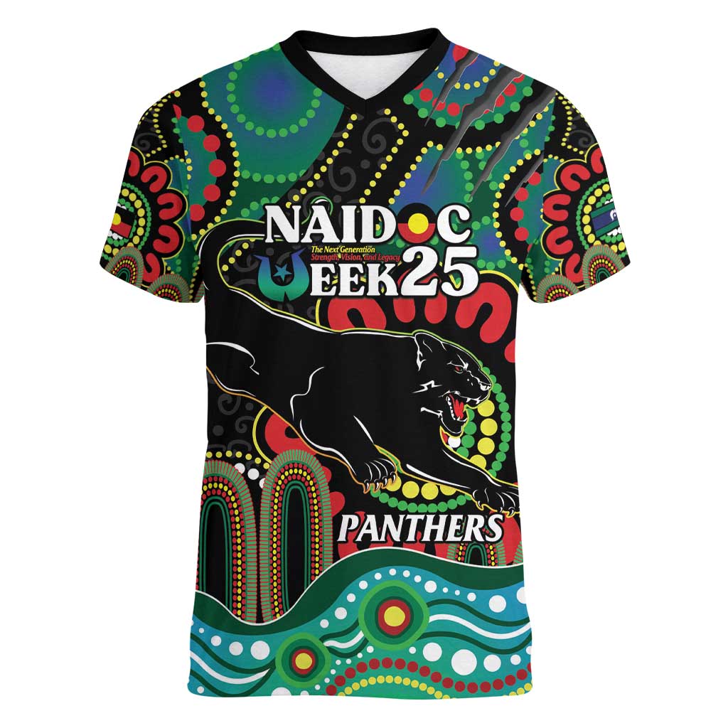 Custom NAIDOC Week 2025 Panthers Women V-Neck T-Shirt Go Mountain Men Indigenous Art