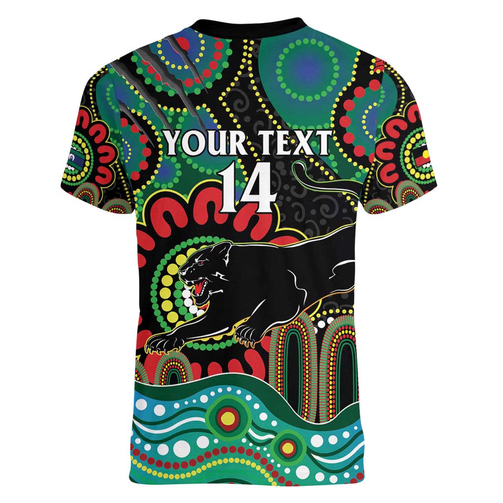 Custom NAIDOC Week 2025 Panthers Women V-Neck T-Shirt Go Mountain Men Indigenous Art
