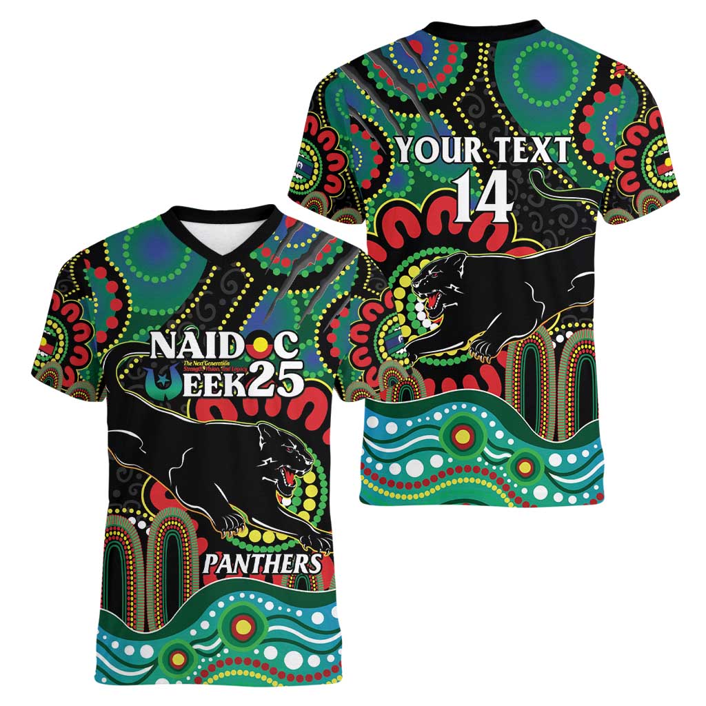 Custom NAIDOC Week 2025 Panthers Women V-Neck T-Shirt Go Mountain Men Indigenous Art