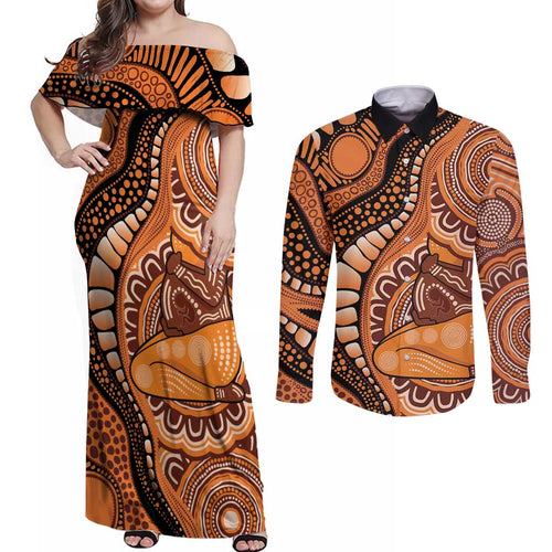 Australia Mother's Day 2026 Indigenous Art Couples Matching Off Shoulder Maxi Dress and Long Sleeve Button Shirt