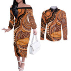 Australia Mother's Day 2026 Indigenous Art Couples Matching Off The Shoulder Long Sleeve Dress and Long Sleeve Button Shirt