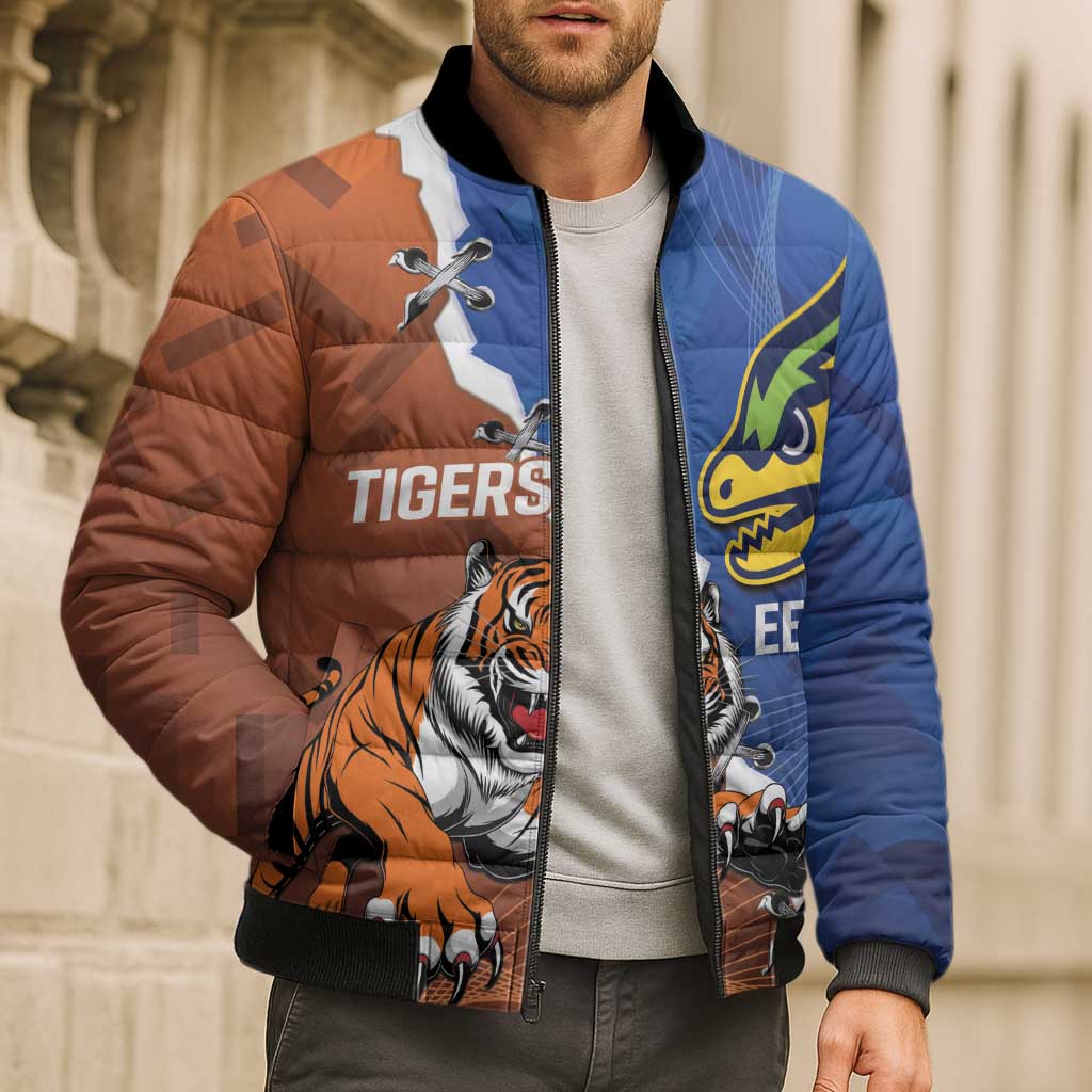 Personalised Tigers and Eels Rugby Bomber Puffer Jacket Dynamic Style