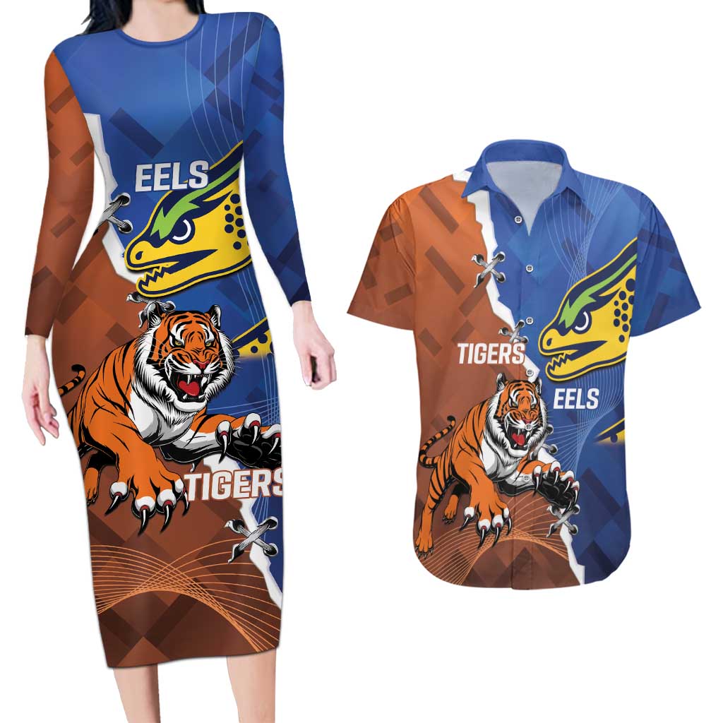 Personalised Tigers and Eels Rugby Couples Matching Long Sleeve Bodycon Dress and Hawaiian Shirt Dynamic Style