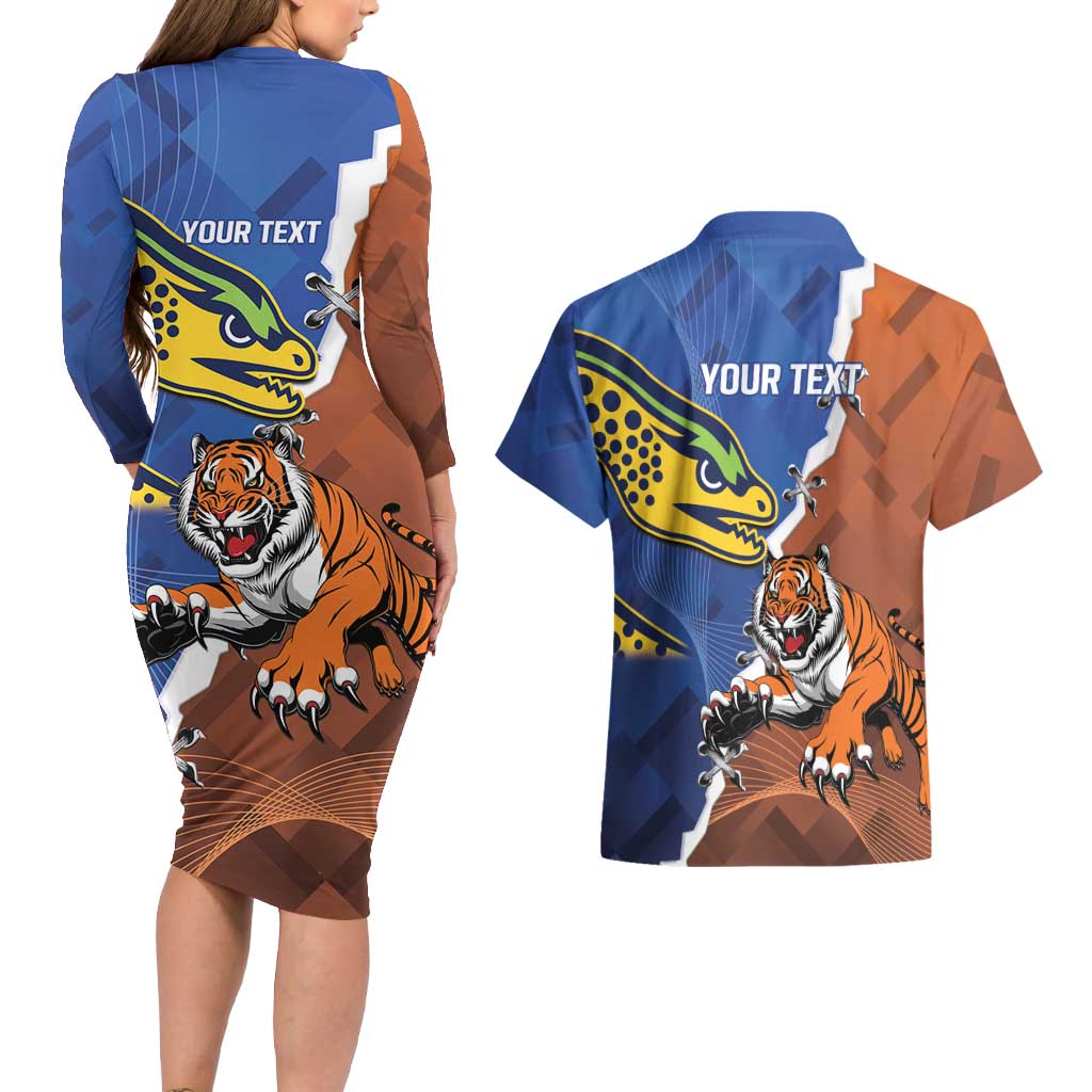 Personalised Tigers and Eels Rugby Couples Matching Long Sleeve Bodycon Dress and Hawaiian Shirt Dynamic Style
