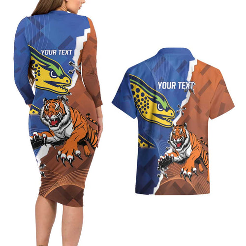 Personalised Tigers and Eels Rugby Couples Matching Long Sleeve Bodycon Dress and Hawaiian Shirt Dynamic Style