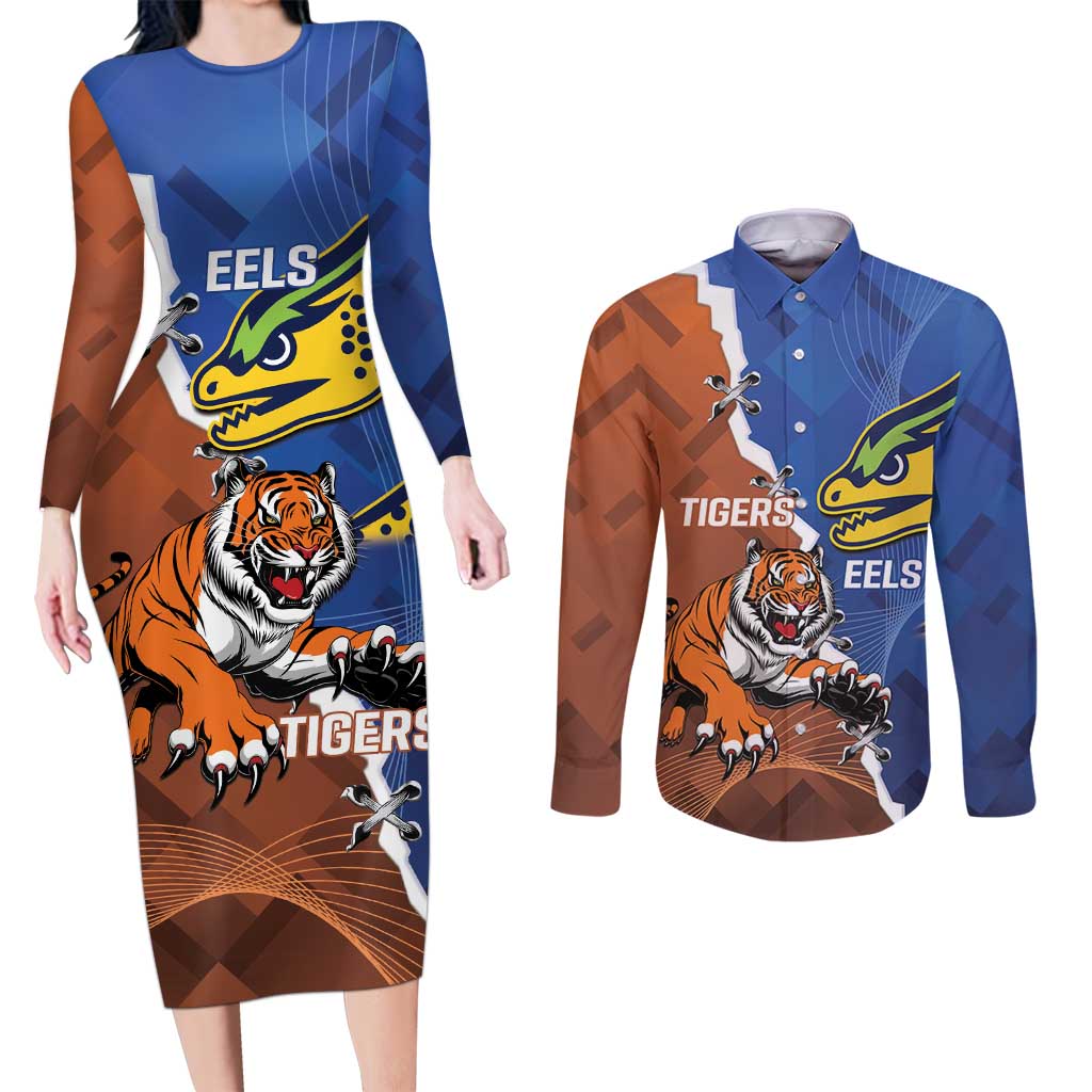Personalised Tigers and Eels Rugby Couples Matching Long Sleeve Bodycon Dress and Long Sleeve Button Shirt Dynamic Style