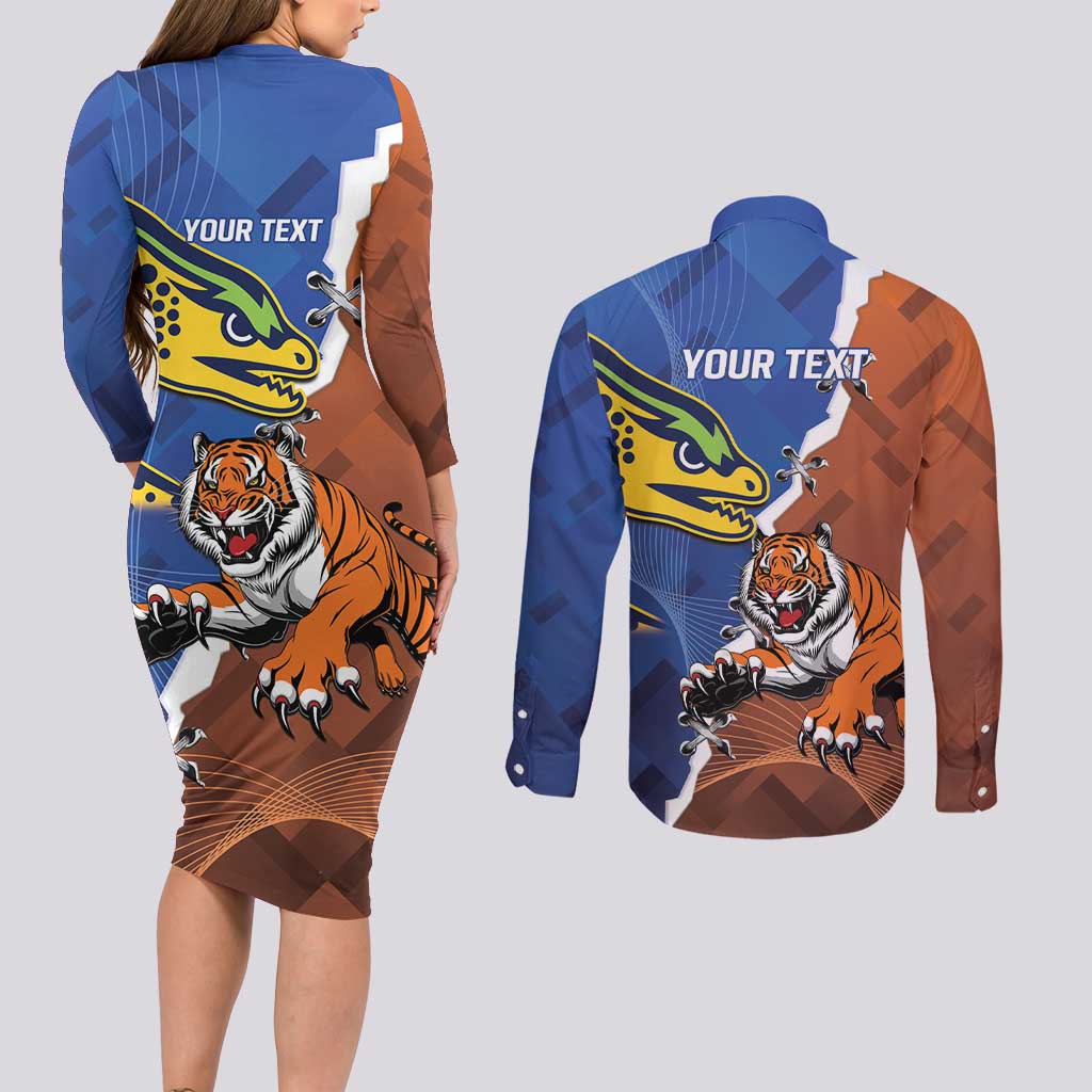 Personalised Tigers and Eels Rugby Couples Matching Long Sleeve Bodycon Dress and Long Sleeve Button Shirt Dynamic Style