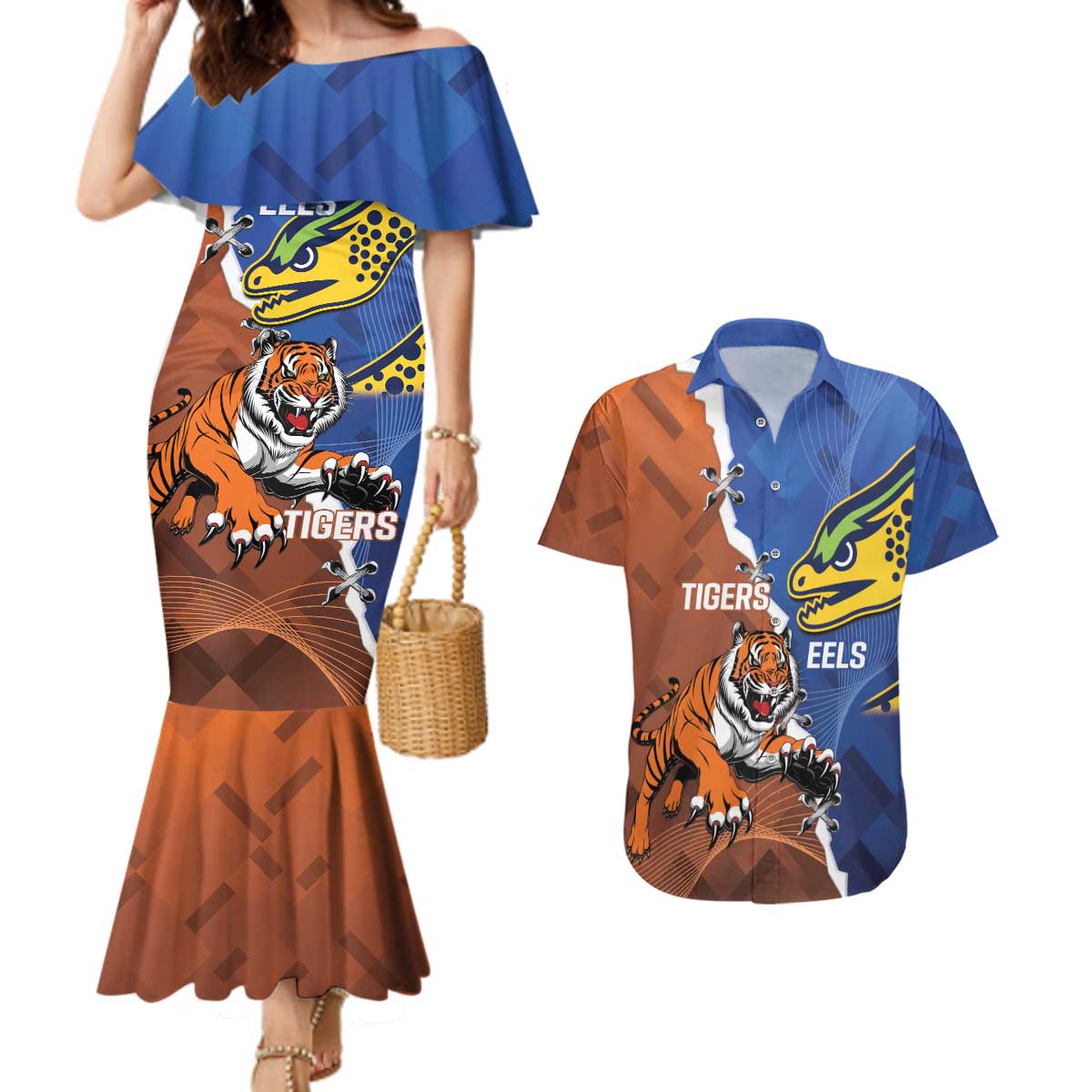 Personalised Tigers and Eels Rugby Couples Matching Mermaid Dress and Hawaiian Shirt Dynamic Style
