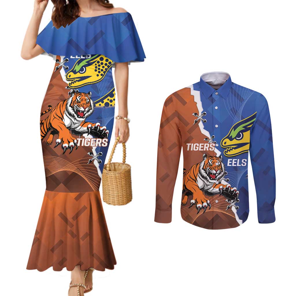 Personalised Tigers and Eels Rugby Couples Matching Mermaid Dress and Long Sleeve Button Shirt Dynamic Style