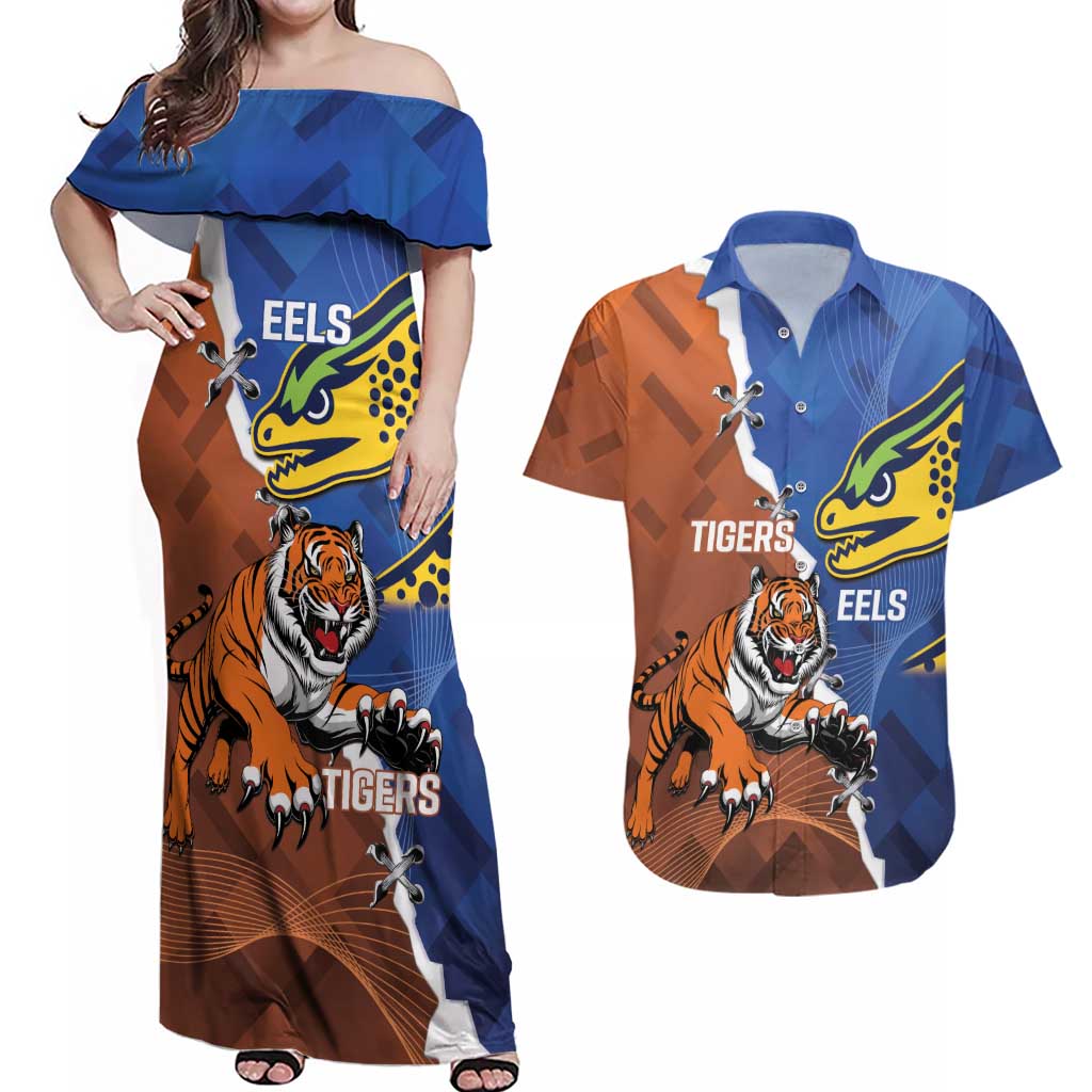 Personalised Tigers and Eels Rugby Couples Matching Off Shoulder Maxi Dress and Hawaiian Shirt Dynamic Style