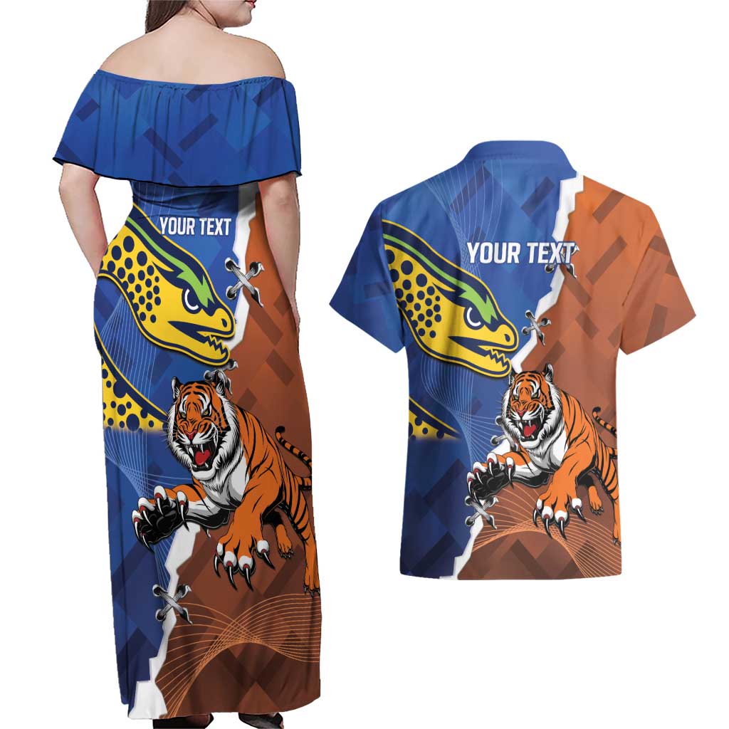 Personalised Tigers and Eels Rugby Couples Matching Off Shoulder Maxi Dress and Hawaiian Shirt Dynamic Style