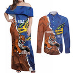 Personalised Tigers and Eels Rugby Couples Matching Off Shoulder Maxi Dress and Long Sleeve Button Shirt Dynamic Style