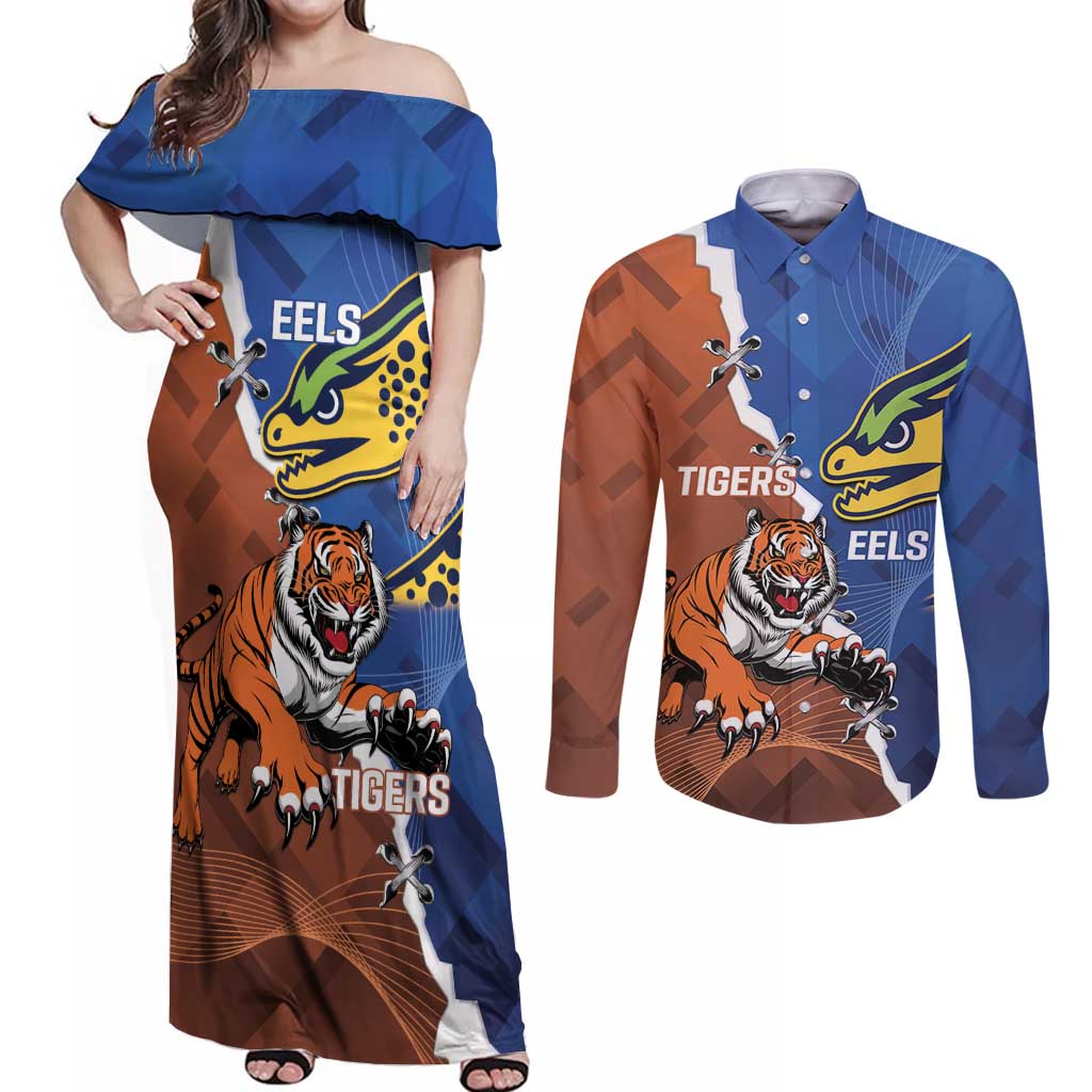 Personalised Tigers and Eels Rugby Couples Matching Off Shoulder Maxi Dress and Long Sleeve Button Shirt Dynamic Style