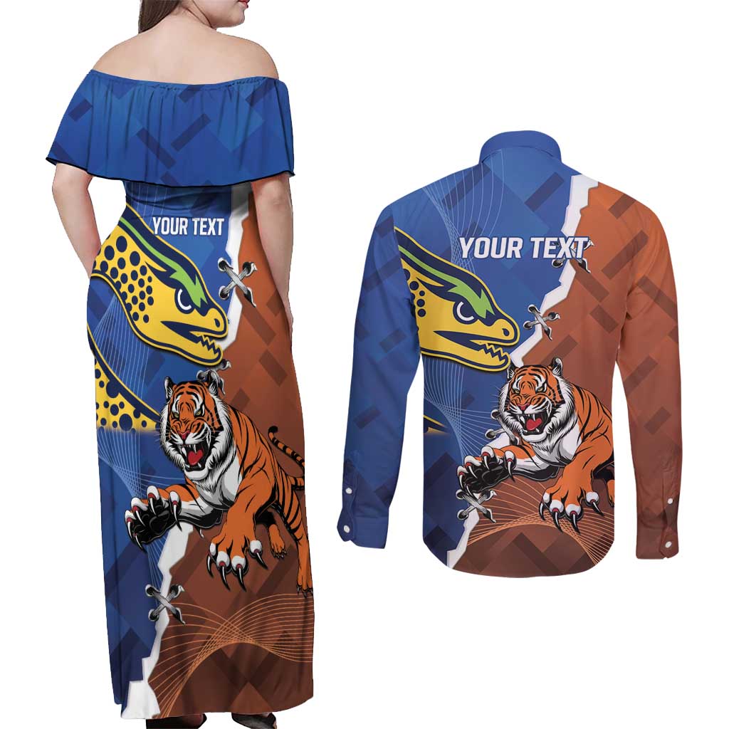 Personalised Tigers and Eels Rugby Couples Matching Off Shoulder Maxi Dress and Long Sleeve Button Shirt Dynamic Style