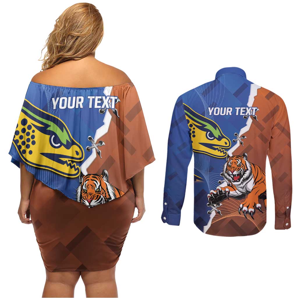 Personalised Tigers and Eels Rugby Couples Matching Off Shoulder Short Dress and Long Sleeve Button Shirt Dynamic Style