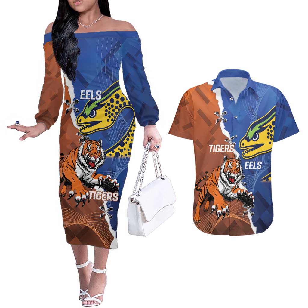 Personalised Tigers and Eels Rugby Couples Matching Off The Shoulder Long Sleeve Dress and Hawaiian Shirt Dynamic Style