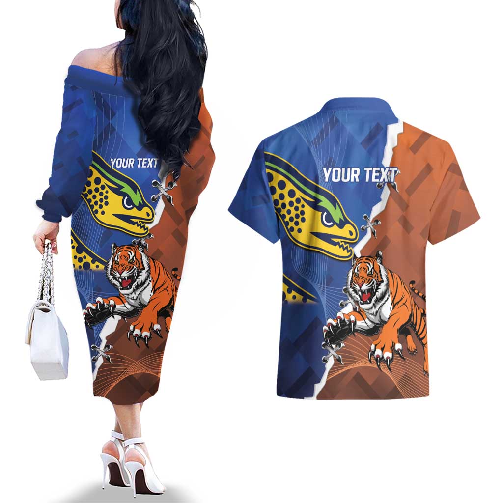 Personalised Tigers and Eels Rugby Couples Matching Off The Shoulder Long Sleeve Dress and Hawaiian Shirt Dynamic Style