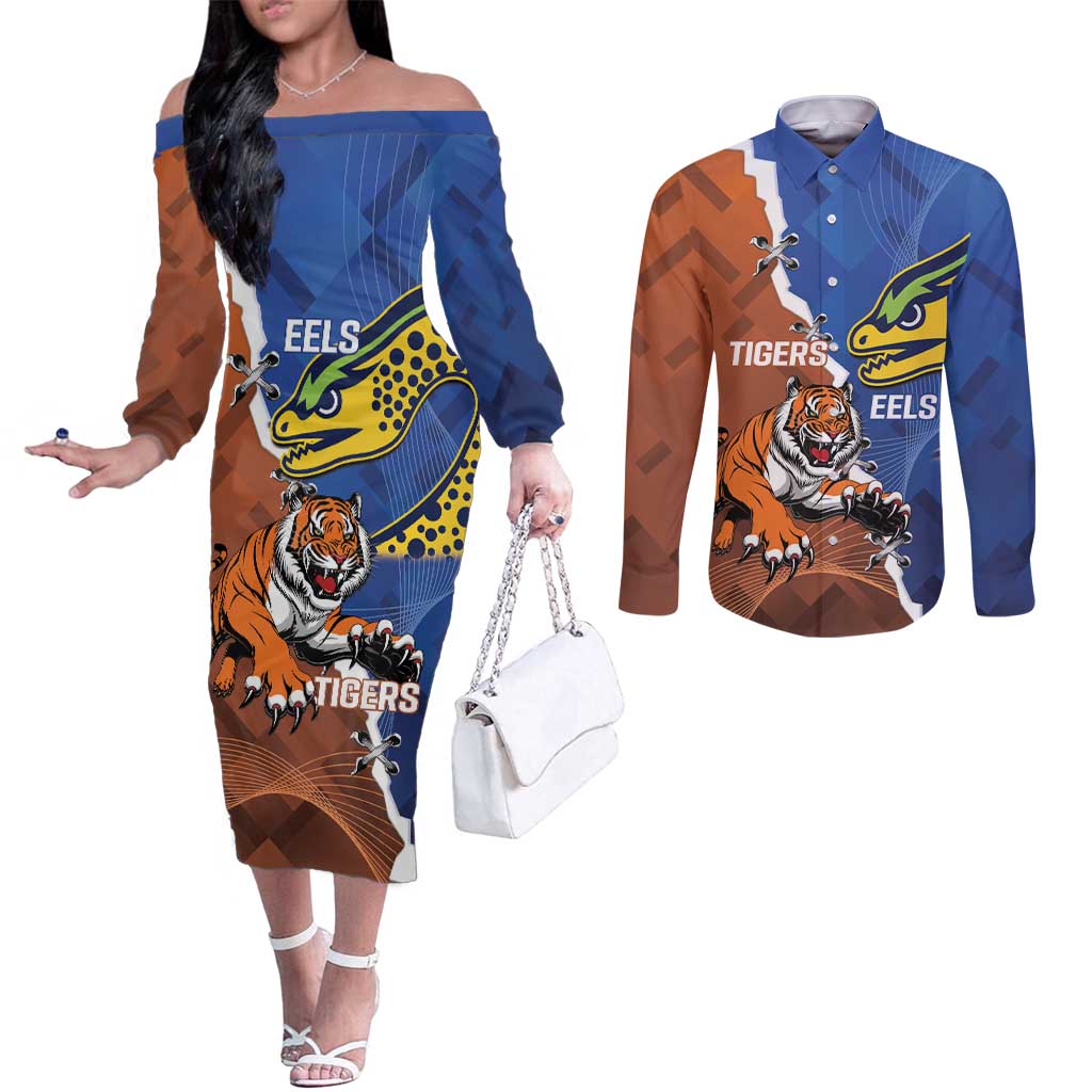 Personalised Tigers and Eels Rugby Couples Matching Off The Shoulder Long Sleeve Dress and Long Sleeve Button Shirt Dynamic Style