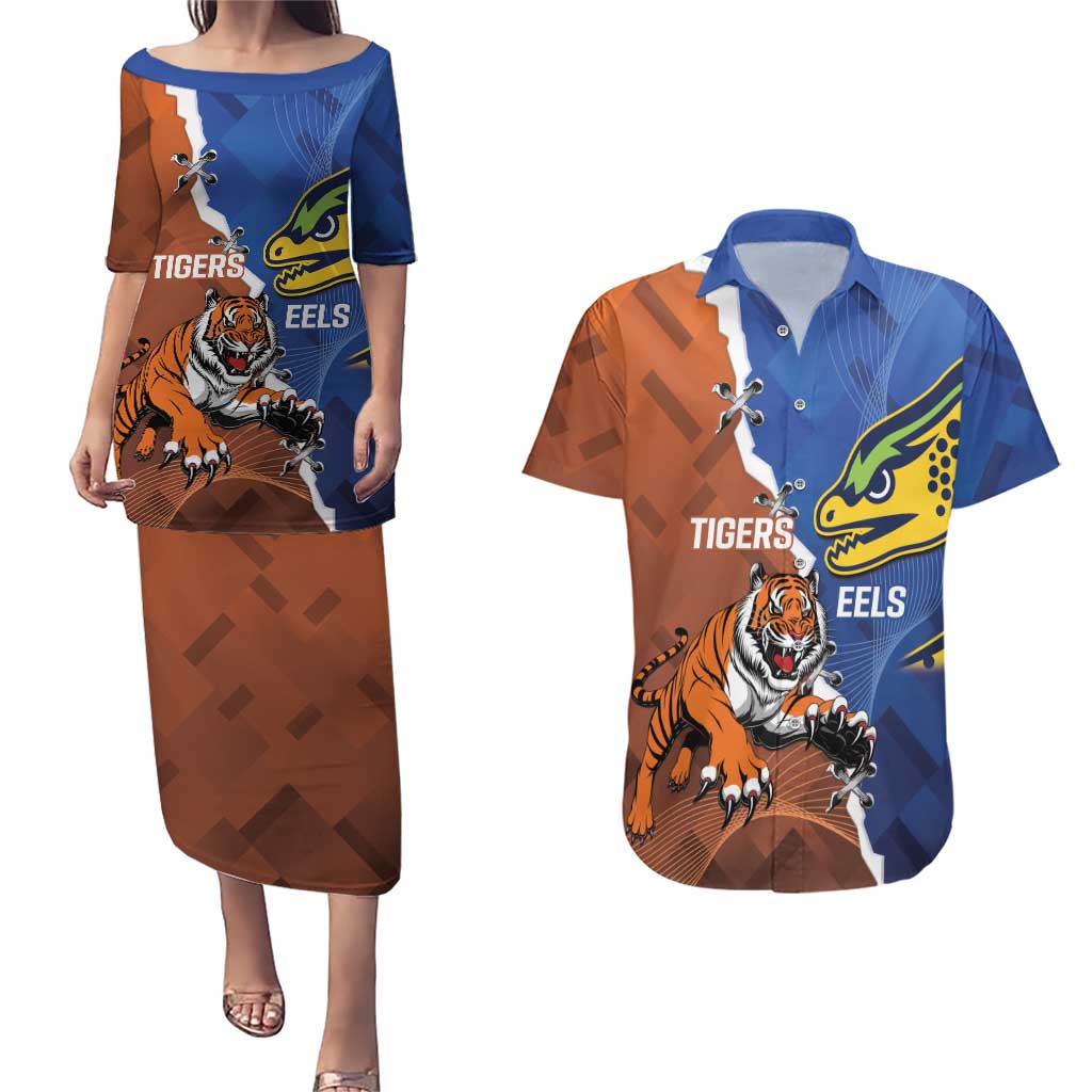 Personalised Tigers and Eels Rugby Couples Matching Puletasi and Hawaiian Shirt Dynamic Style