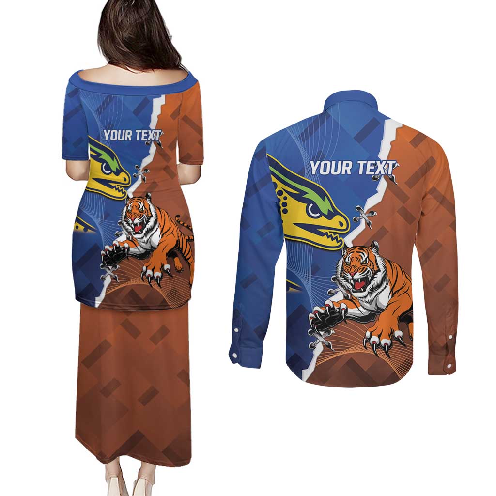 Personalised Tigers and Eels Rugby Couples Matching Puletasi and Long Sleeve Button Shirt Dynamic Style