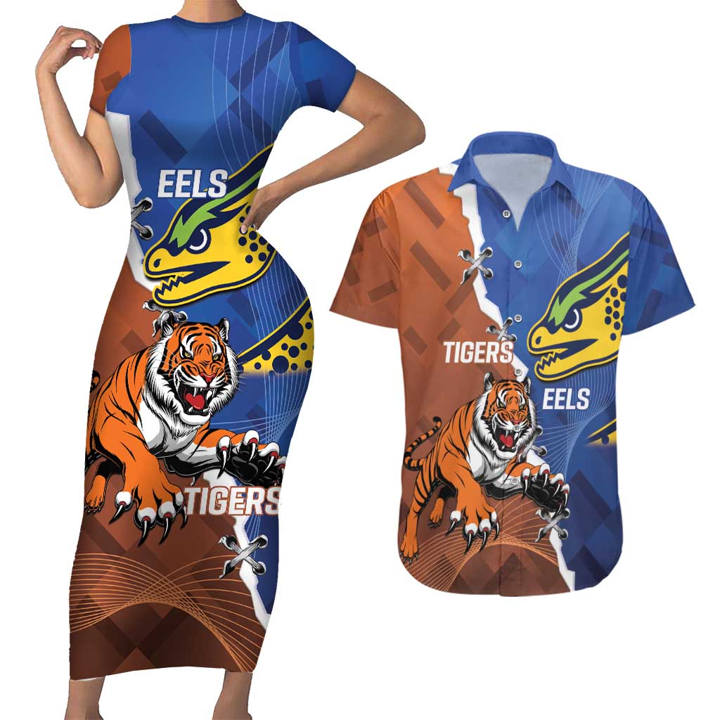 Personalised Tigers and Eels Rugby Couples Matching Short Sleeve Bodycon Dress and Hawaiian Shirt Dynamic Style