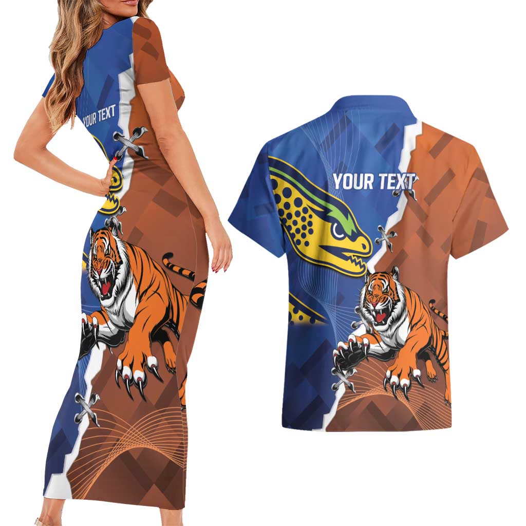 Personalised Tigers and Eels Rugby Couples Matching Short Sleeve Bodycon Dress and Hawaiian Shirt Dynamic Style