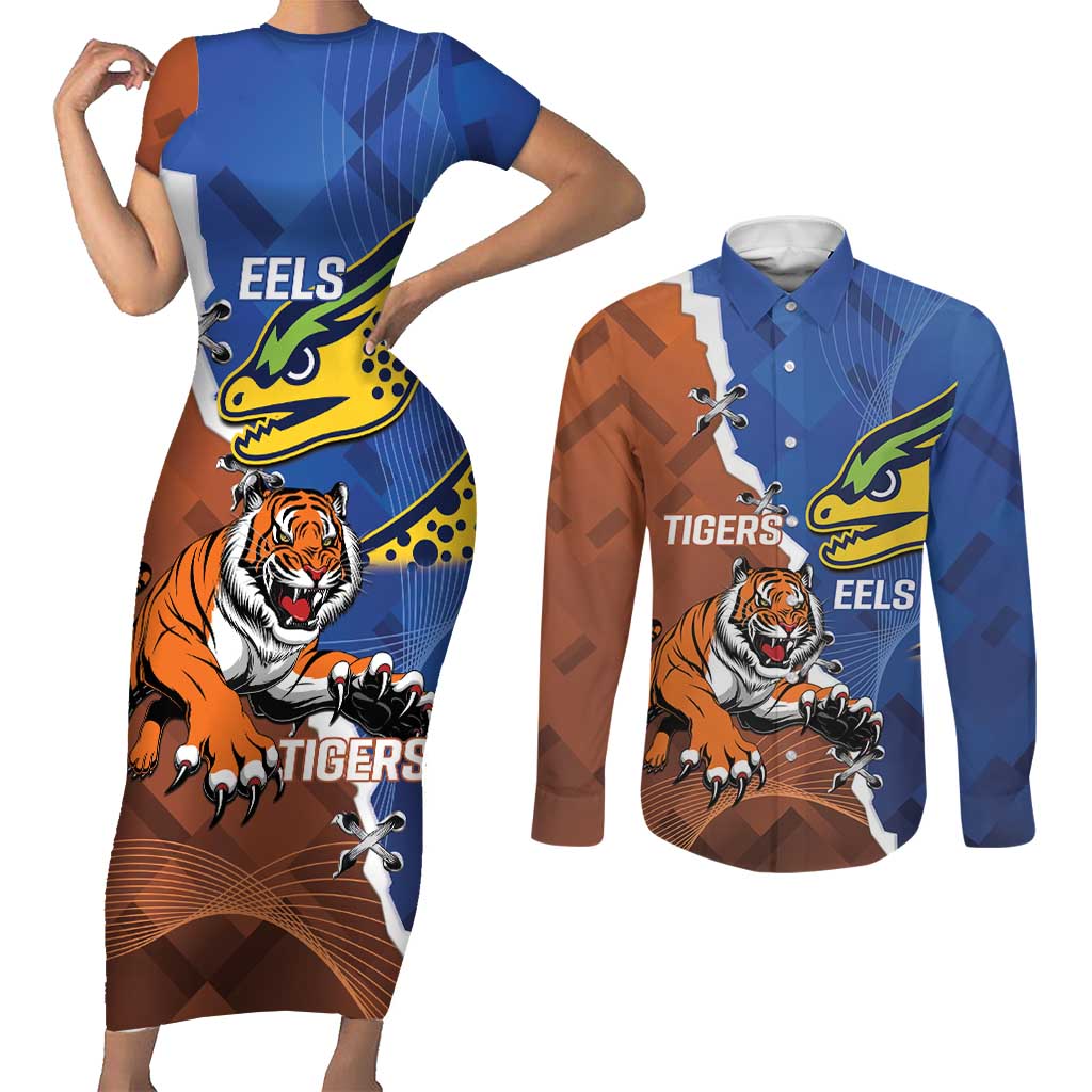 Personalised Tigers and Eels Rugby Couples Matching Short Sleeve Bodycon Dress and Long Sleeve Button Shirt Dynamic Style
