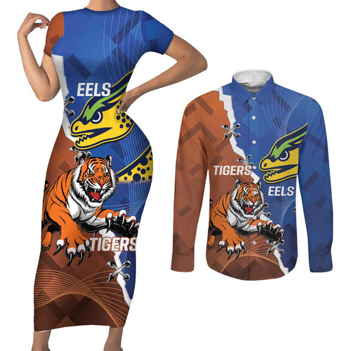 Personalised Tigers and Eels Rugby Couples Matching Short Sleeve Bodycon Dress and Long Sleeve Button Shirt Dynamic Style