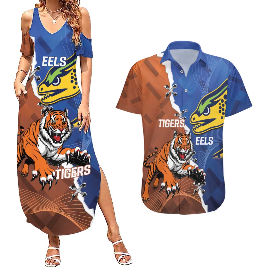 Personalised Tigers and Eels Rugby Couples Matching Summer Maxi Dress and Hawaiian Shirt Dynamic Style