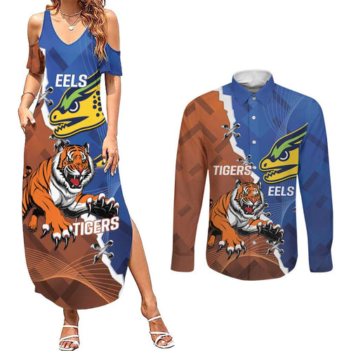 Personalised Tigers and Eels Rugby Couples Matching Summer Maxi Dress and Long Sleeve Button Shirt Dynamic Style