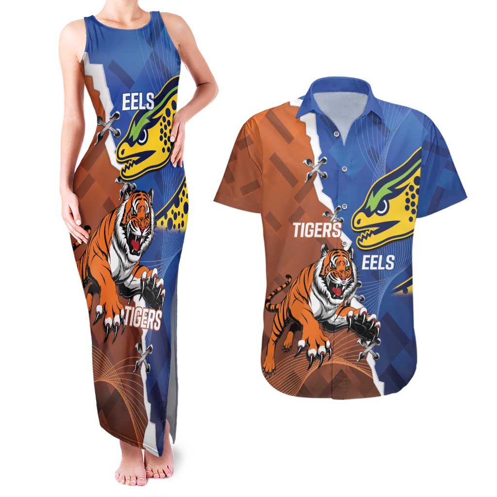 Personalised Tigers and Eels Rugby Couples Matching Tank Maxi Dress and Hawaiian Shirt Dynamic Style