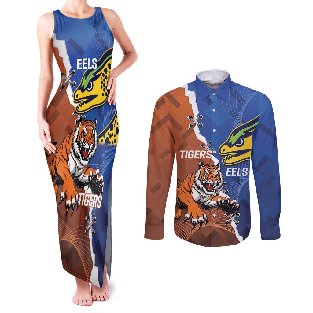 Personalised Tigers and Eels Rugby Couples Matching Tank Maxi Dress and Long Sleeve Button Shirt Dynamic Style