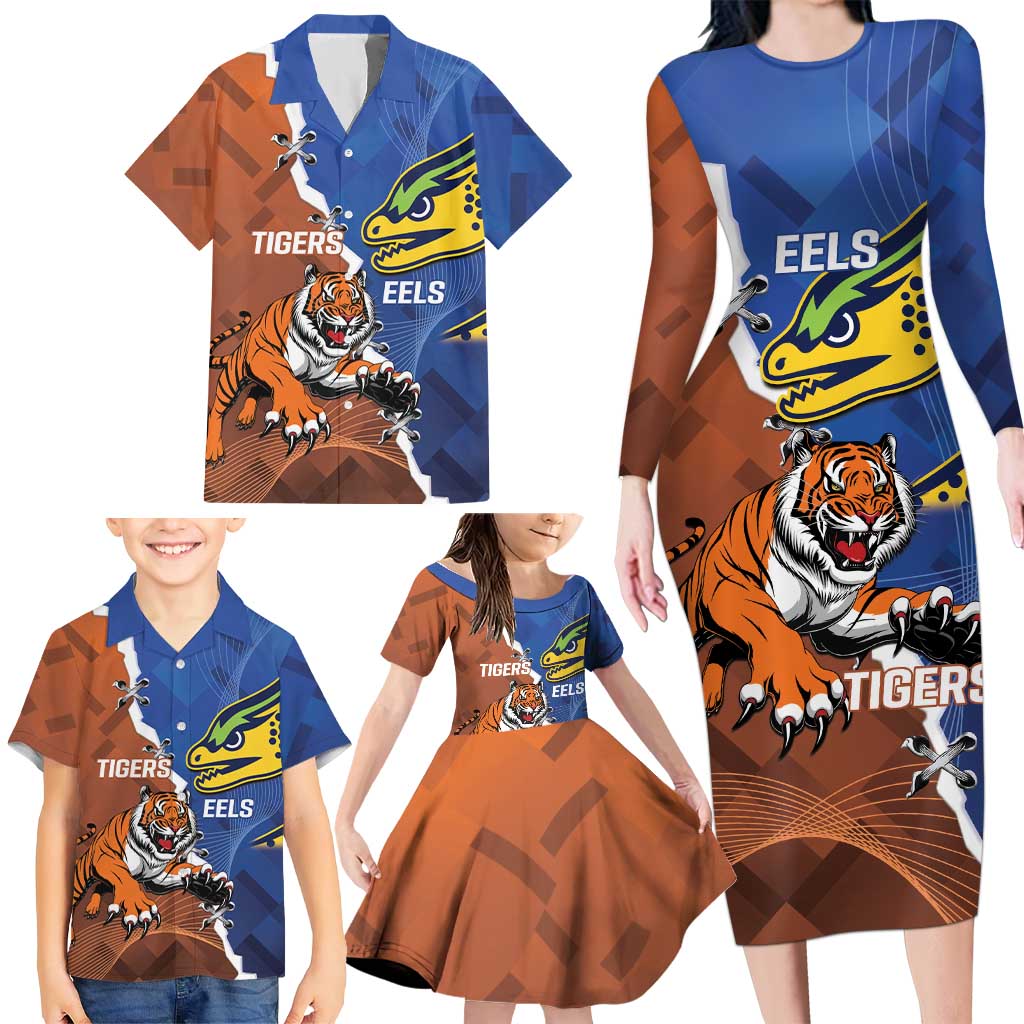 Personalised Tigers and Eels Rugby Family Matching Long Sleeve Bodycon Dress and Hawaiian Shirt Dynamic Style