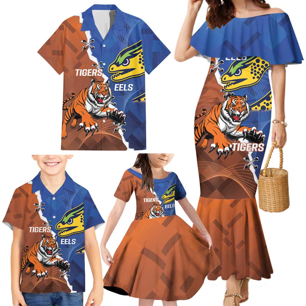 Personalised Tigers and Eels Rugby Family Matching Mermaid Dress and Hawaiian Shirt Dynamic Style