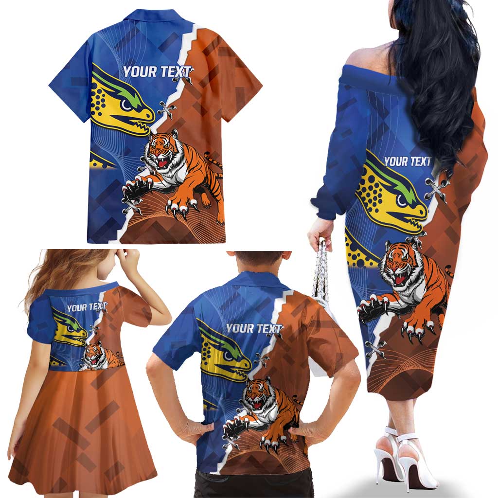 Personalised Tigers and Eels Rugby Family Matching Off The Shoulder Long Sleeve Dress and Hawaiian Shirt Dynamic Style