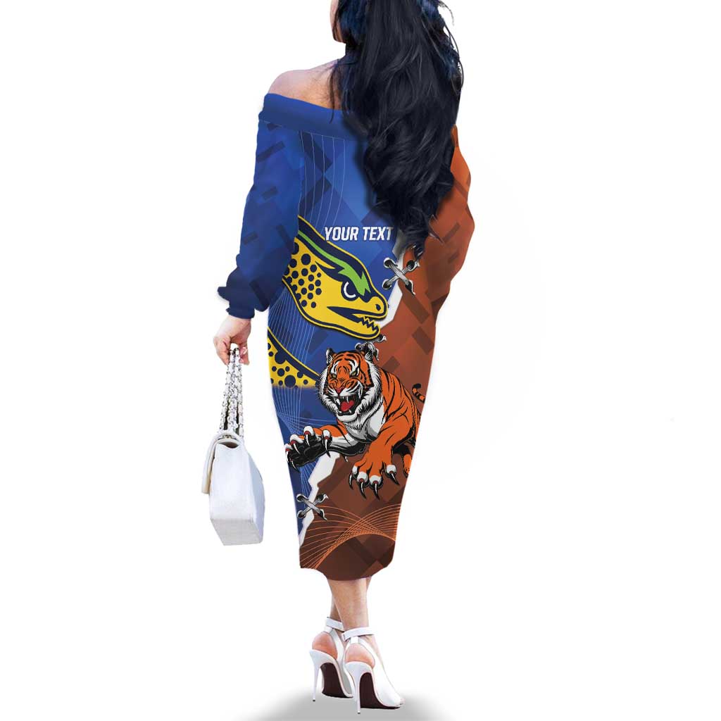 Personalised Tigers and Eels Rugby Family Matching Off The Shoulder Long Sleeve Dress and Hawaiian Shirt Dynamic Style