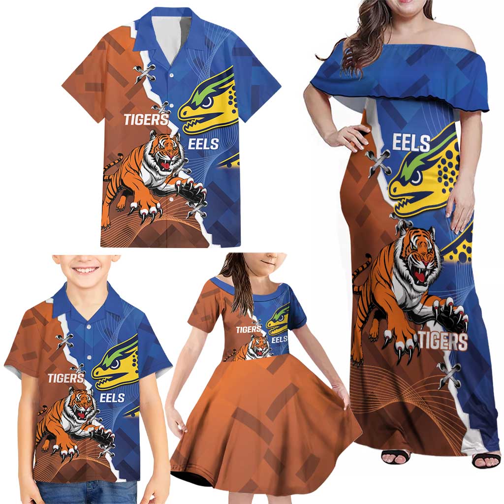 Personalised Tigers and Eels Rugby Family Matching Off Shoulder Maxi Dress and Hawaiian Shirt Dynamic Style