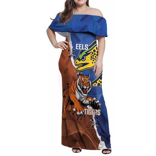 Personalised Tigers and Eels Rugby Family Matching Off Shoulder Maxi Dress and Hawaiian Shirt Dynamic Style