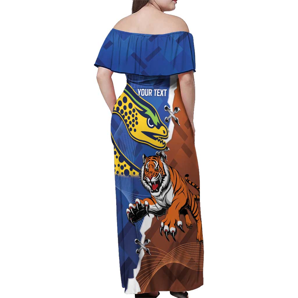 Personalised Tigers and Eels Rugby Family Matching Off Shoulder Maxi Dress and Hawaiian Shirt Dynamic Style