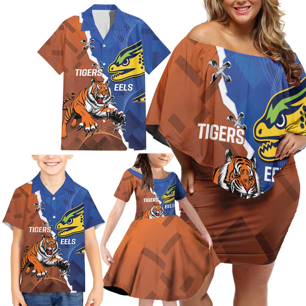 Personalised Tigers and Eels Rugby Family Matching Off Shoulder Short Dress and Hawaiian Shirt Dynamic Style