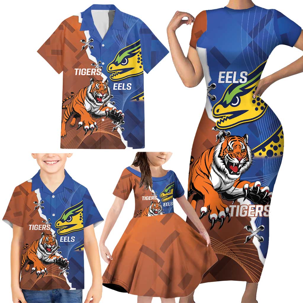 Personalised Tigers and Eels Rugby Family Matching Short Sleeve Bodycon Dress and Hawaiian Shirt Dynamic Style